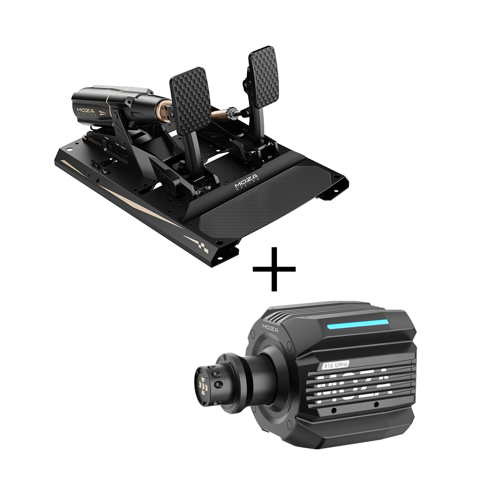 MOZA R16 Ultra Wheelbase + mbooster Aktivpedalset Bundle bestehend aus MOZA R16 Ultra Wheelbase und dem mbooster Aktivpedalset