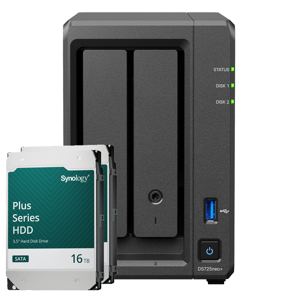 Synology DS725neo+ 32TB Plus HDD NAS-Bundle NAS inkl. 2x 16TB Synology Plus HDD 3.5 Zoll SATA