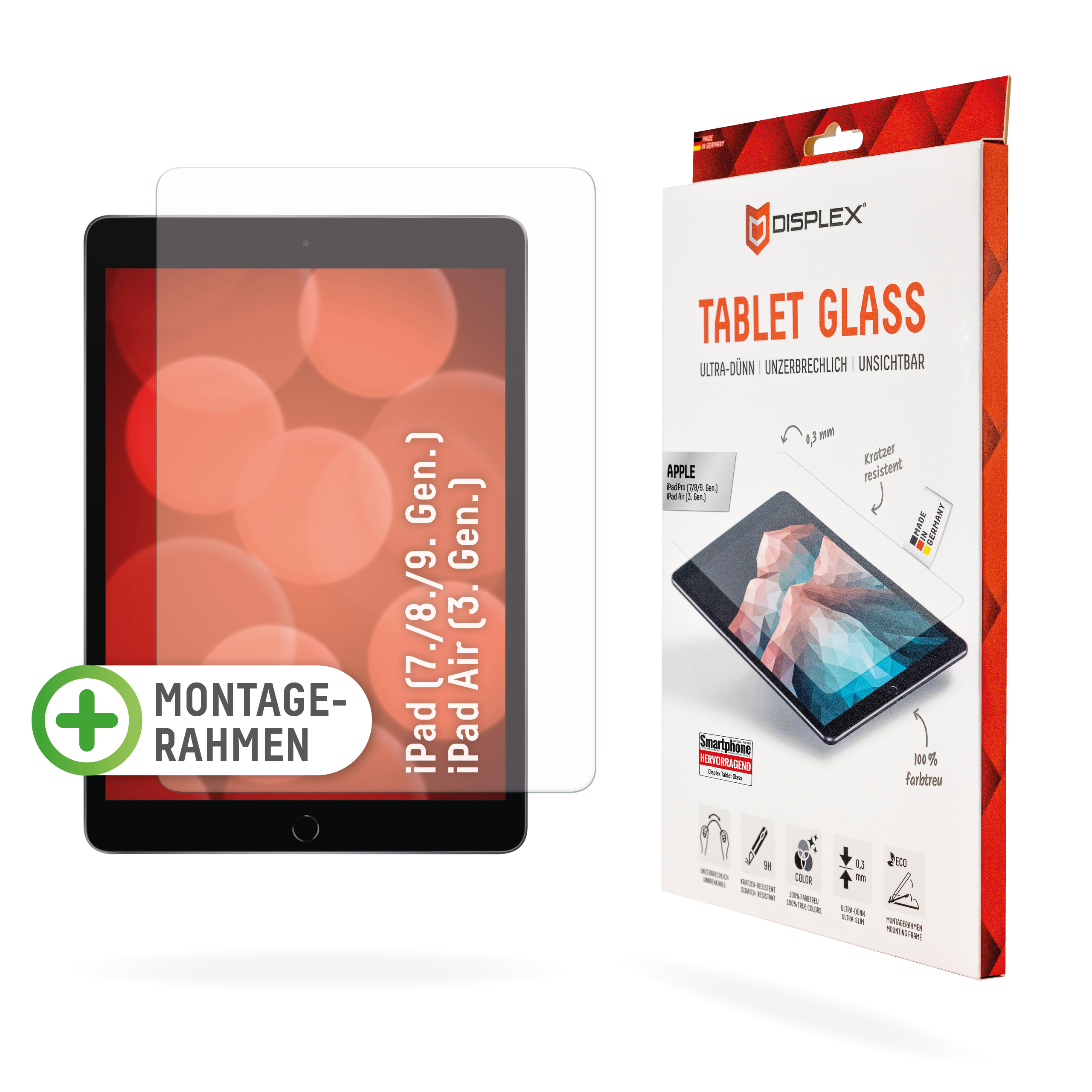 DISPLEX Tablet Glass (9H) f. iPad (7./8./9. Gen.)/Air (3. Gen.) Eco-Montagerahmen L-Form, unzerbrechlich, ultra-dünn, unsichtbar