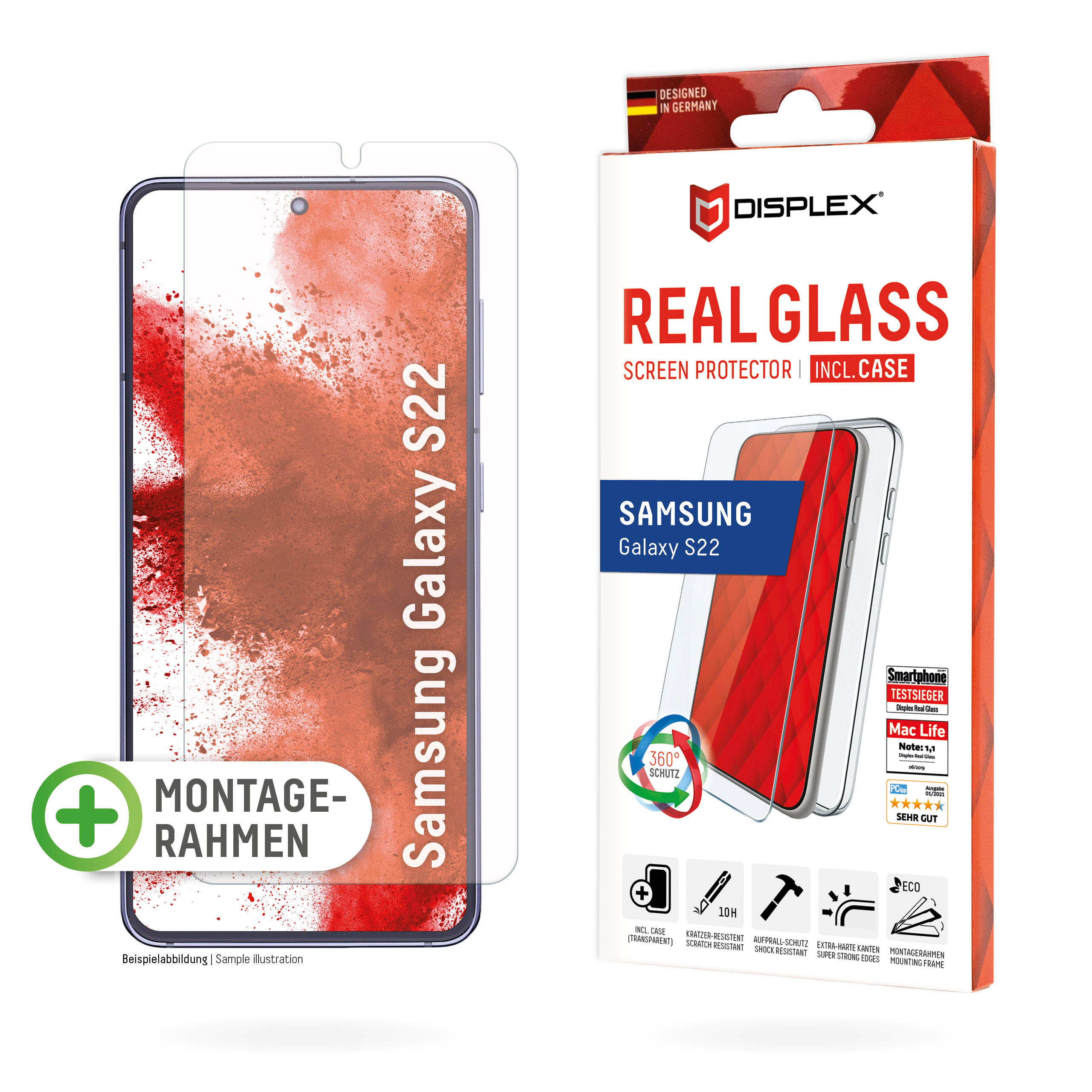 DISPLEX Panzerglas (10H) + Schutzhülle für Samsung Galaxy S22 Eco-Montagerahmen, + Case, Tempered Glas, kratzer-resisten...