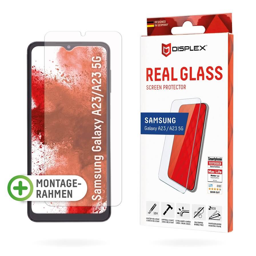 DISPLEX Panzerglas 2D/ Clear (10H) für Samsung Galaxy A23 5G Eco-Montagerahmen, Tempered Glas, kratzer-resistente Schutz...