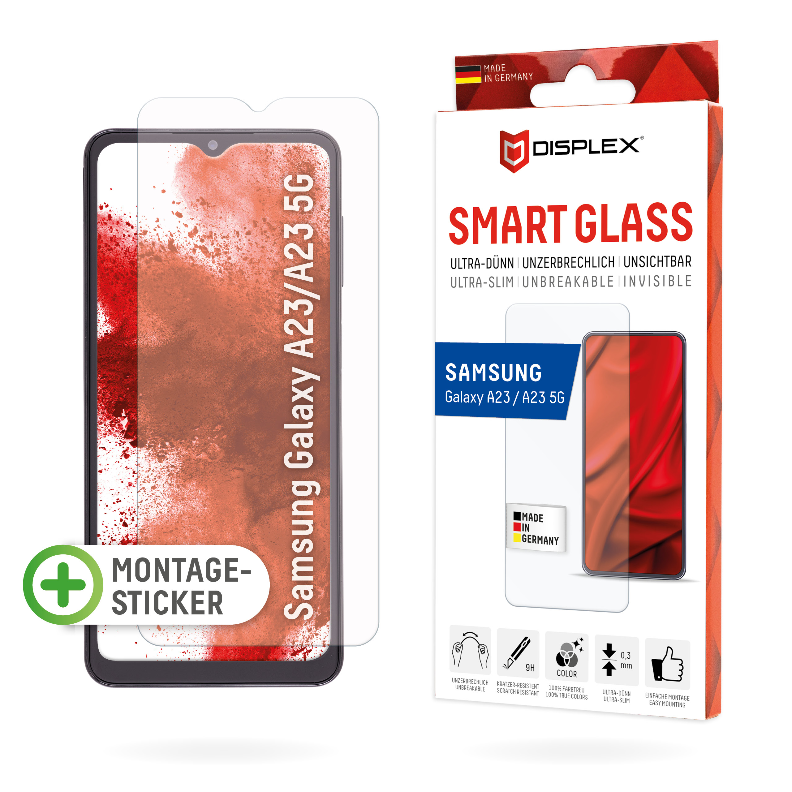 DISPLEX Smart Glass (9H) für Samsung Galaxy A23/A23 5G Montagesticker, unzerbrechlich, ultra-dünn, unsichtbar