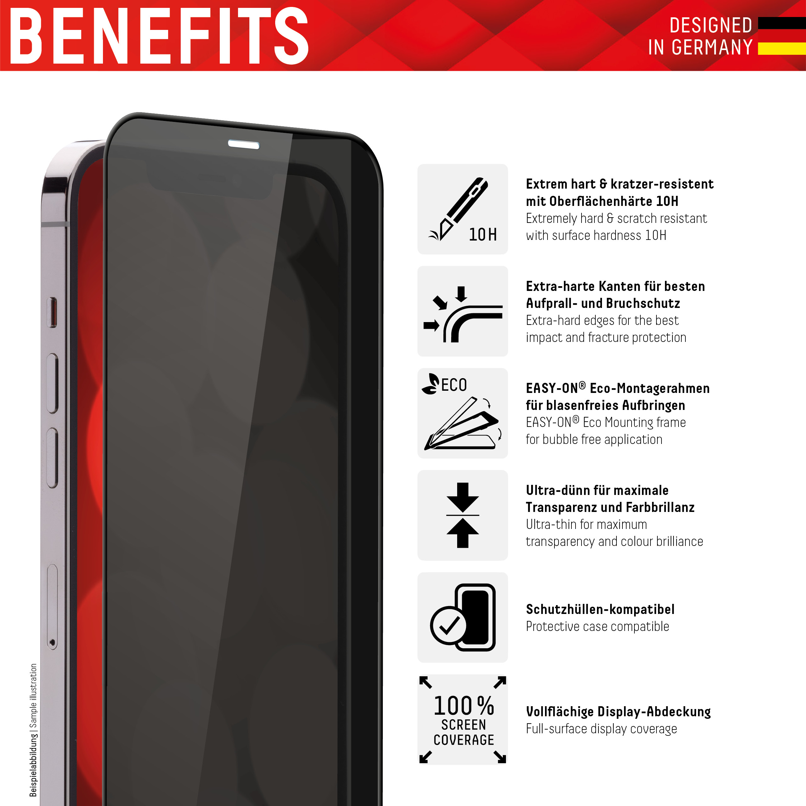 DISPLEX Privacy Full Cover Panzerglas (10H) für iPhone 14 Pro Eco-Montagerahmen, Privacy Filter, Tempered Glas, kratzer-resistente Glasschutzfolie, hü Displayfolien Produkt Bild 2