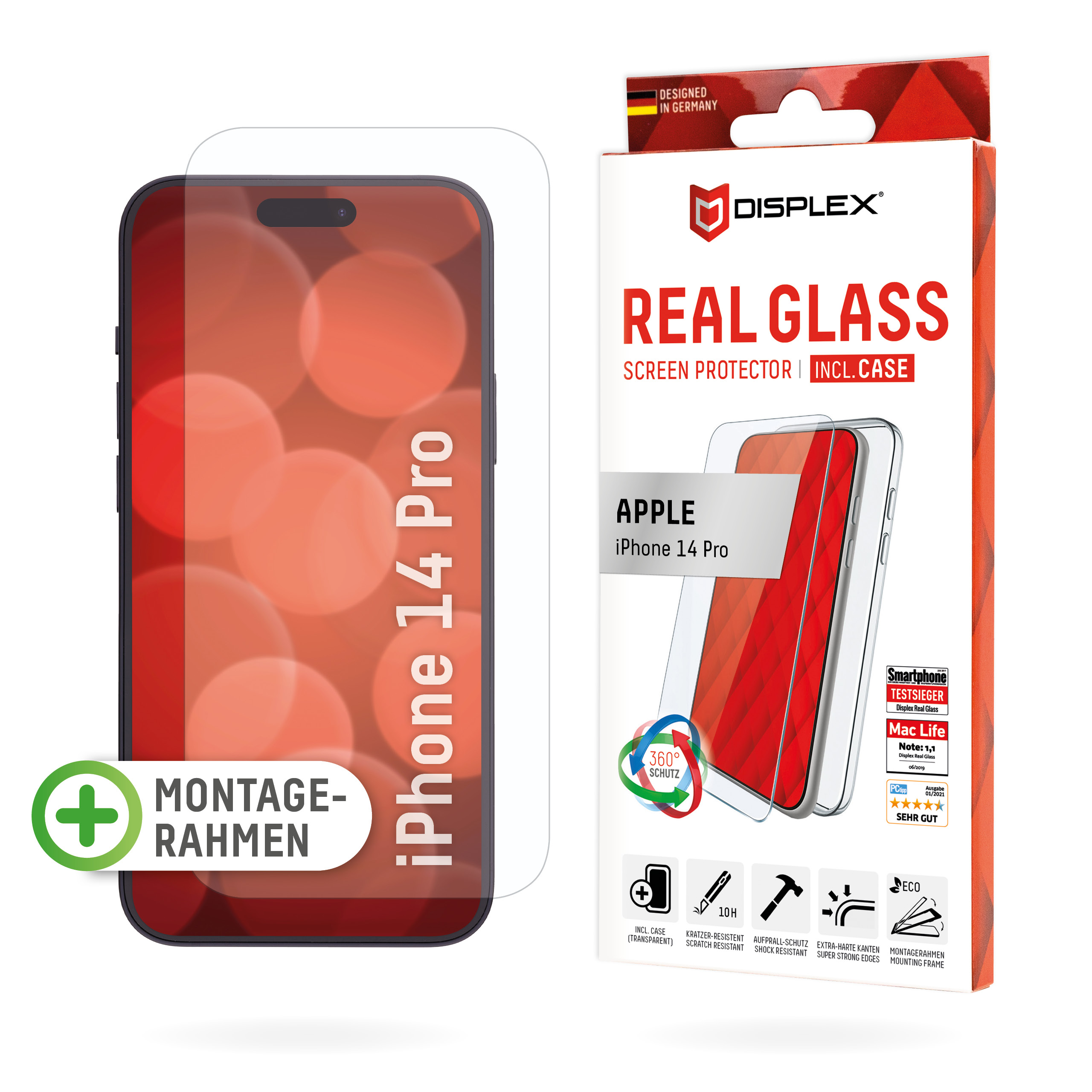 DISPLEX Panzerglas (10H) + Schutzhülle für Apple iPhone 14 Pro Schutzhülle, Eco-Montagerahmen, kratzer-resistente Glasschutzfolie