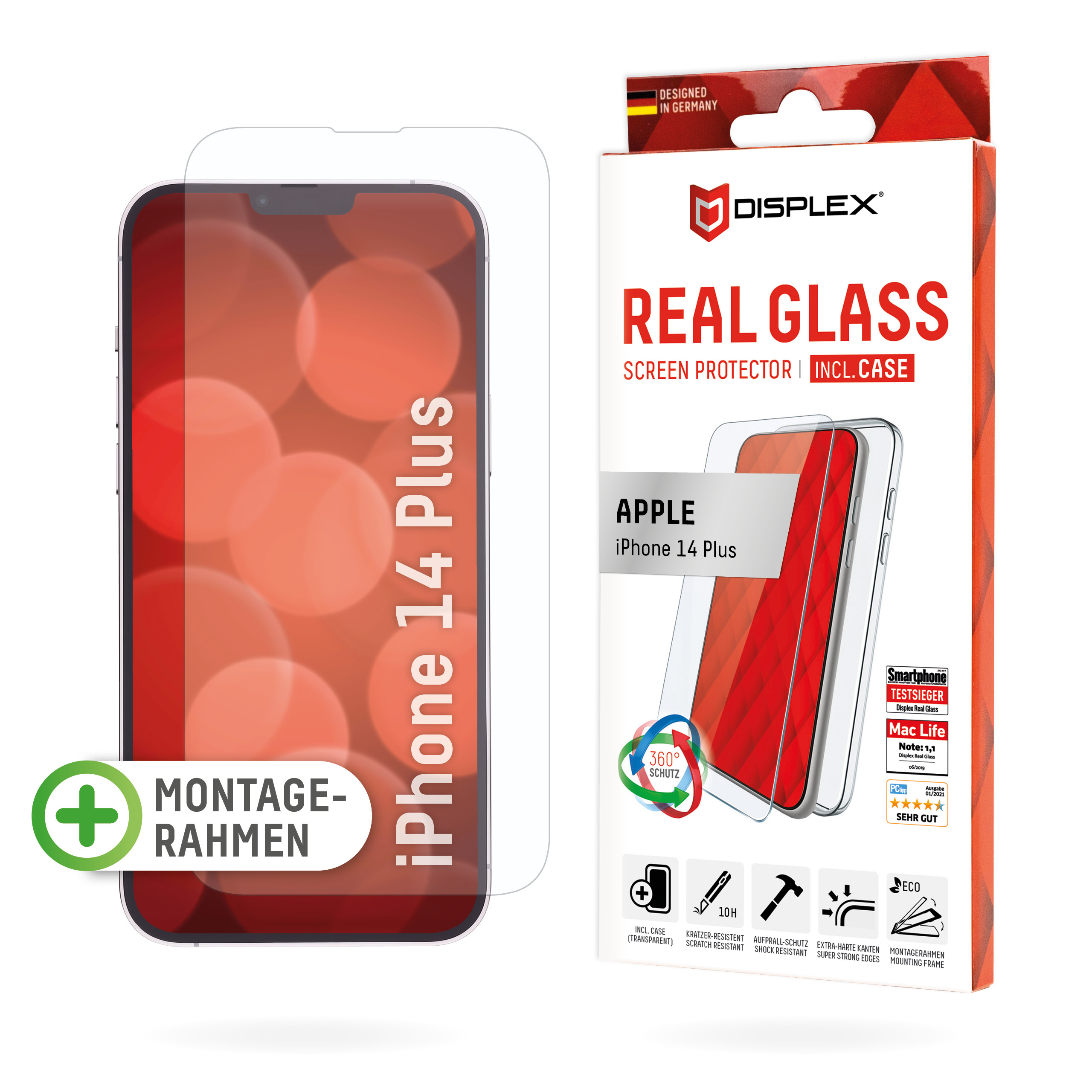 DISPLEX Panzerglas (10H) + Schutzhülle für Apple iPhone 14 Plus Schutzhülle, Eco-Montagerahmen, kratzer-resistente Glass...