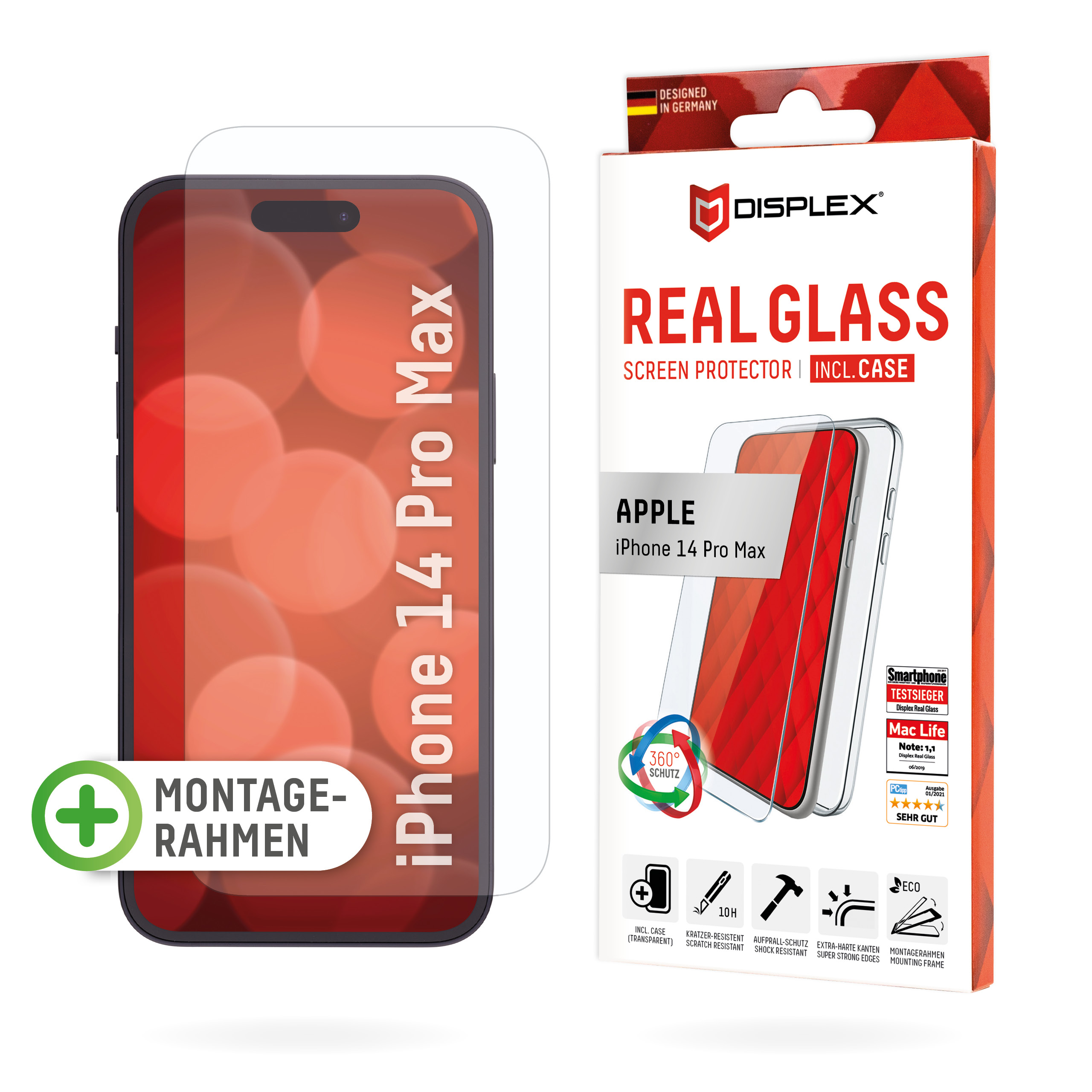 DISPLEX Panzerglas (10H) + Schutzhülle für Apple iPhone 14 Max, Schutzhülle, Eco-Montagerahmen, kratzer-resistente Glass...
