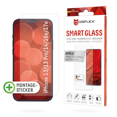 Displex Smart Glass (9H) für Apple iPhone 13/13 Pro/14/16e/17e, Montagesticker, unzerbrechlich