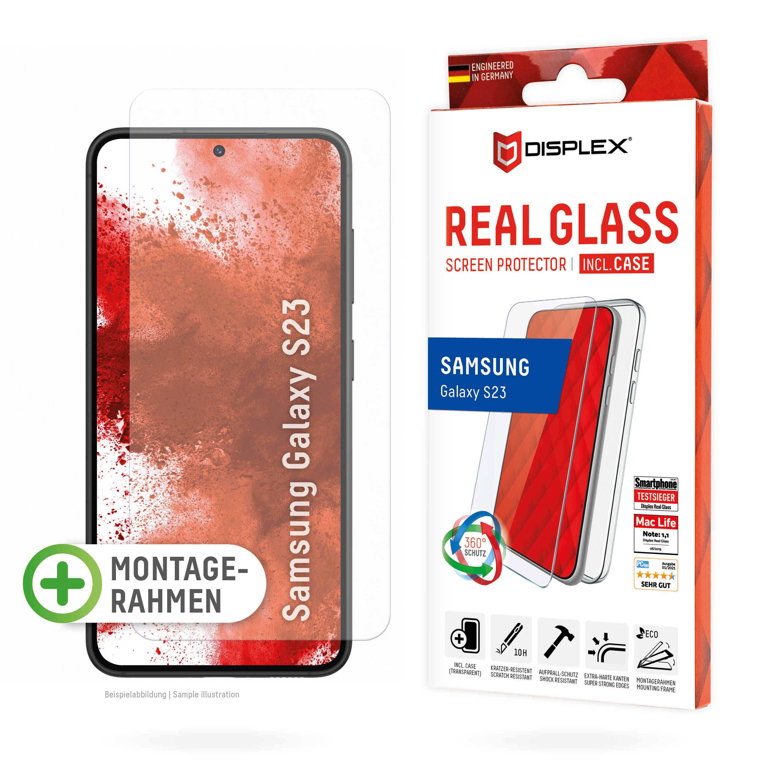 DISPLEX Panzerglas (10H) + Schutzhülle für Samsung Galaxy S23 Schutzhülle, Eco-Montagerahmen, kratzer-resistente Glasschutzfolie