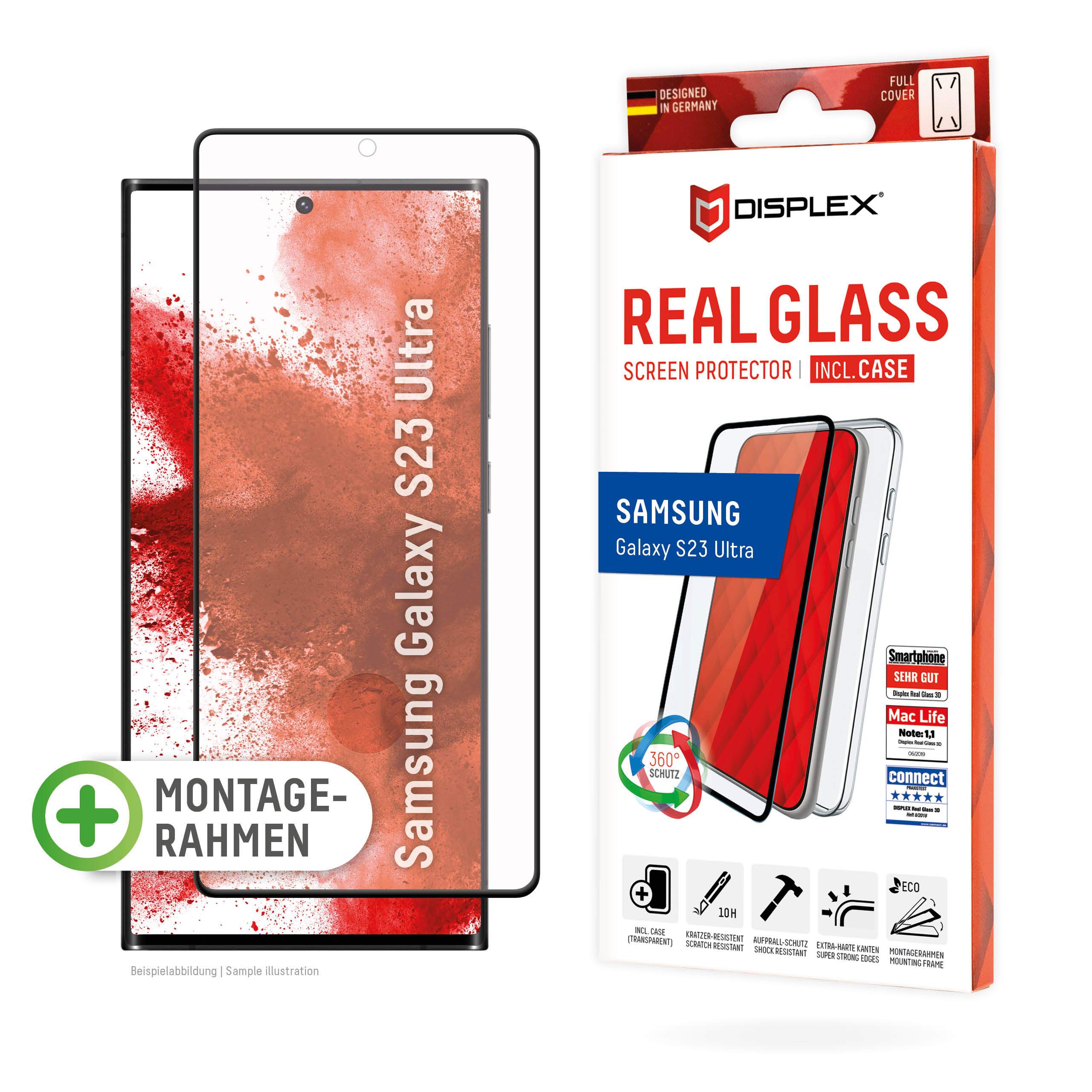 DISPLEX Panzerglas (10H) + Schutzhülle für Samsung S23 Ultra, Schutzhülle, Eco-Montagerahmen, kratzer-resistente Glassch...