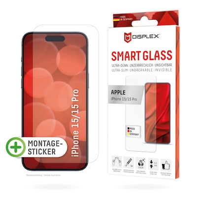 DISPLEX Smart Glass (9H) für Apple iPhone 15/15 Pro Montagesticker, unzerbrechlich, ultra-dünn, unsichtbar