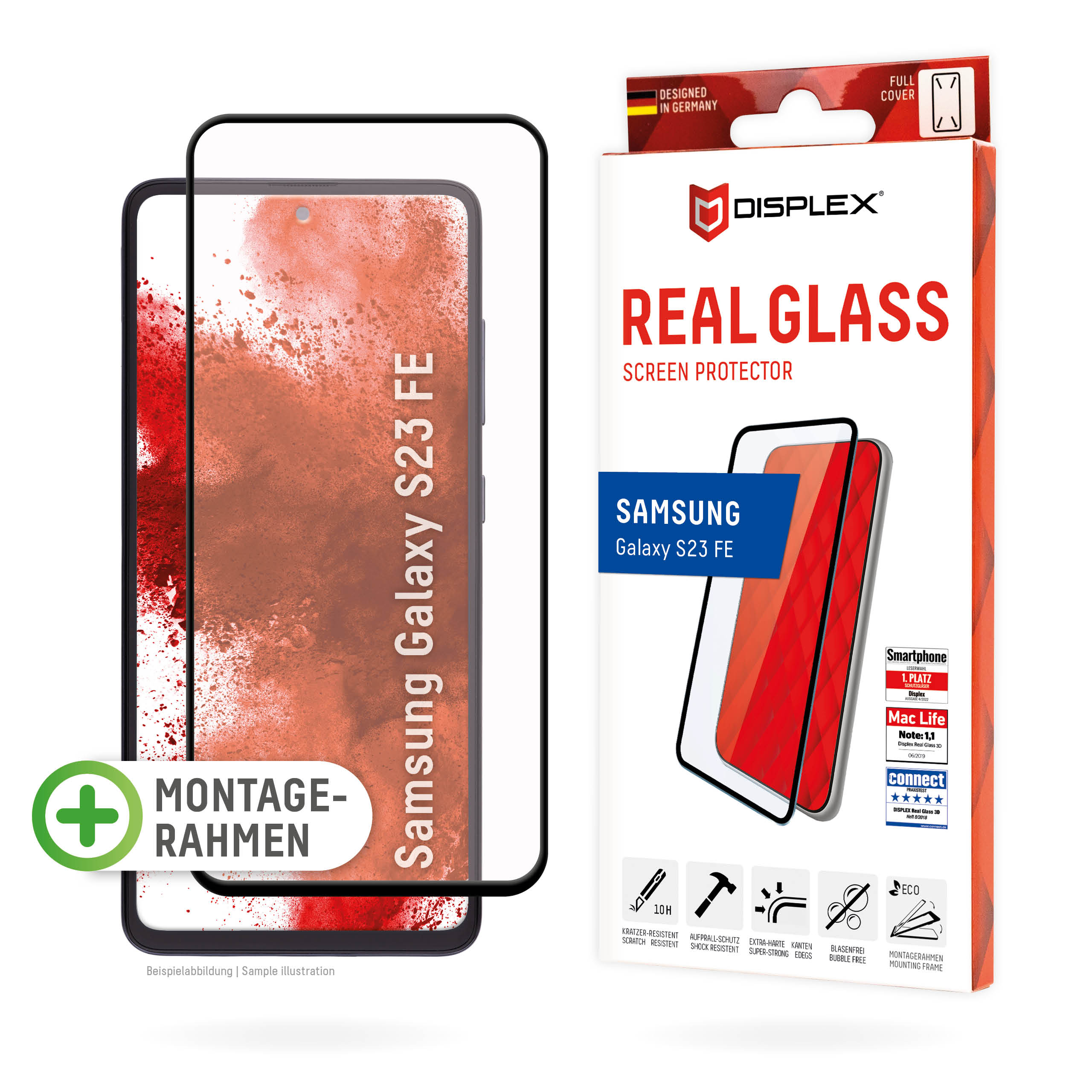 DISPLEX Full Cover Panzerglas (10H) für Samsung Galaxy S23 FE Eco-Montagerahmen, volle Displayabdeckung, Tempered Glas, kratzer-resistente Schutzfolie