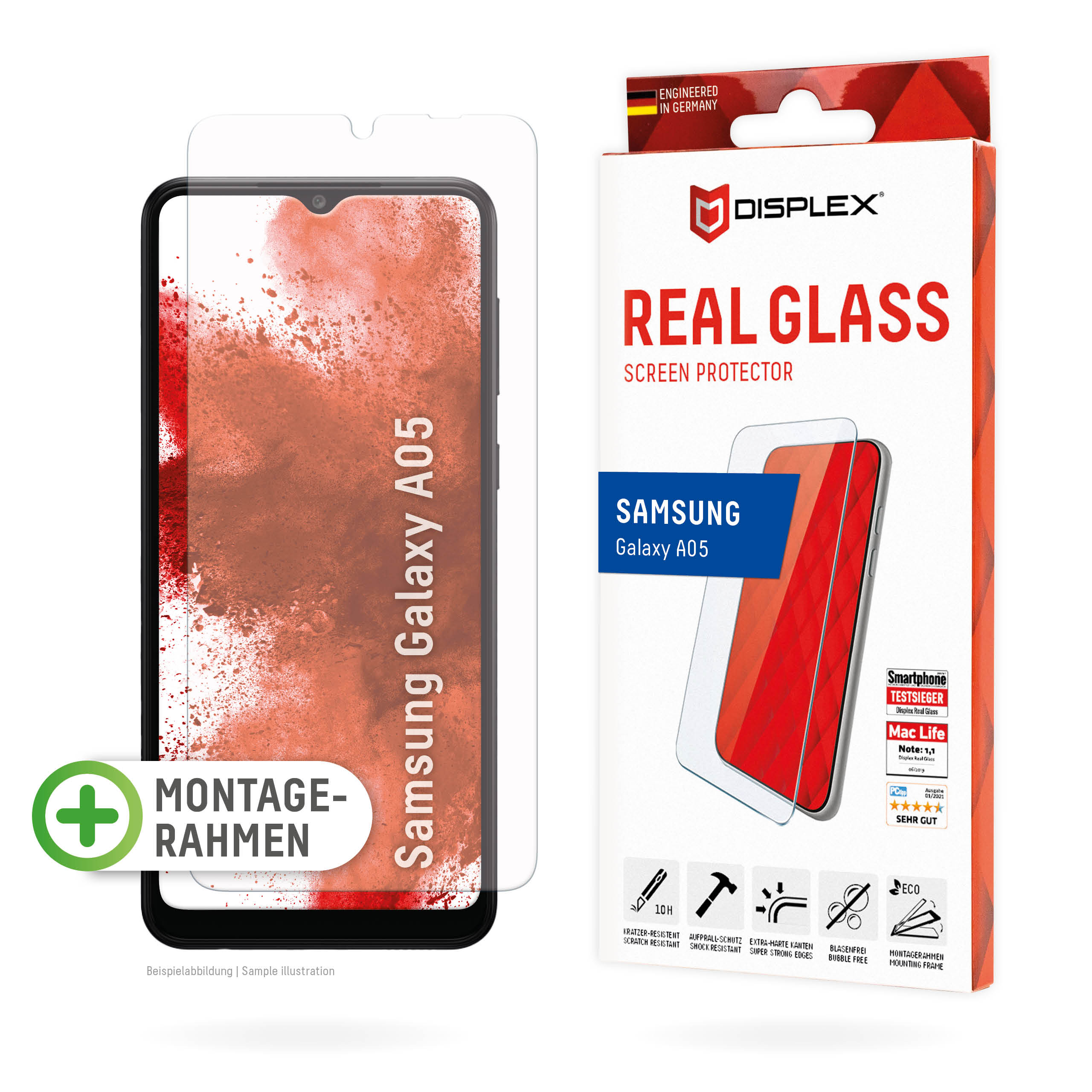 DISPLEX Panzerglas 2D/ Clear (10H) für Samsung Galaxy A05 Eco-Montagerahmen, Tempered Glas, kratzer-resistente Schutzfol...