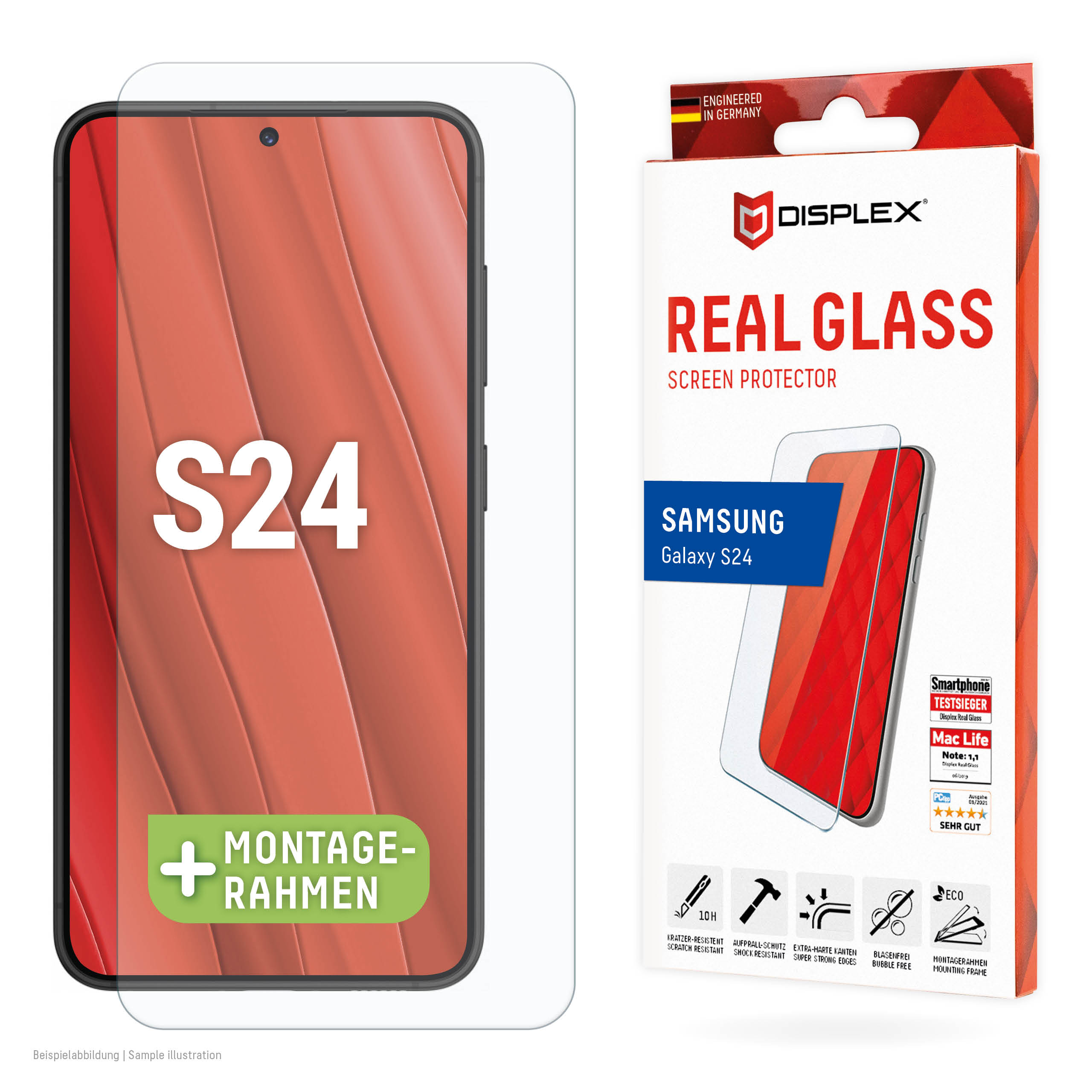DISPLEX Panzerglas 2D/ Clear (10H) für Samsung Galaxy S24 Eco-Montagerahmen, Tempered Glas, kratzer-resistente Schutzfolie, hüllenfreundlich