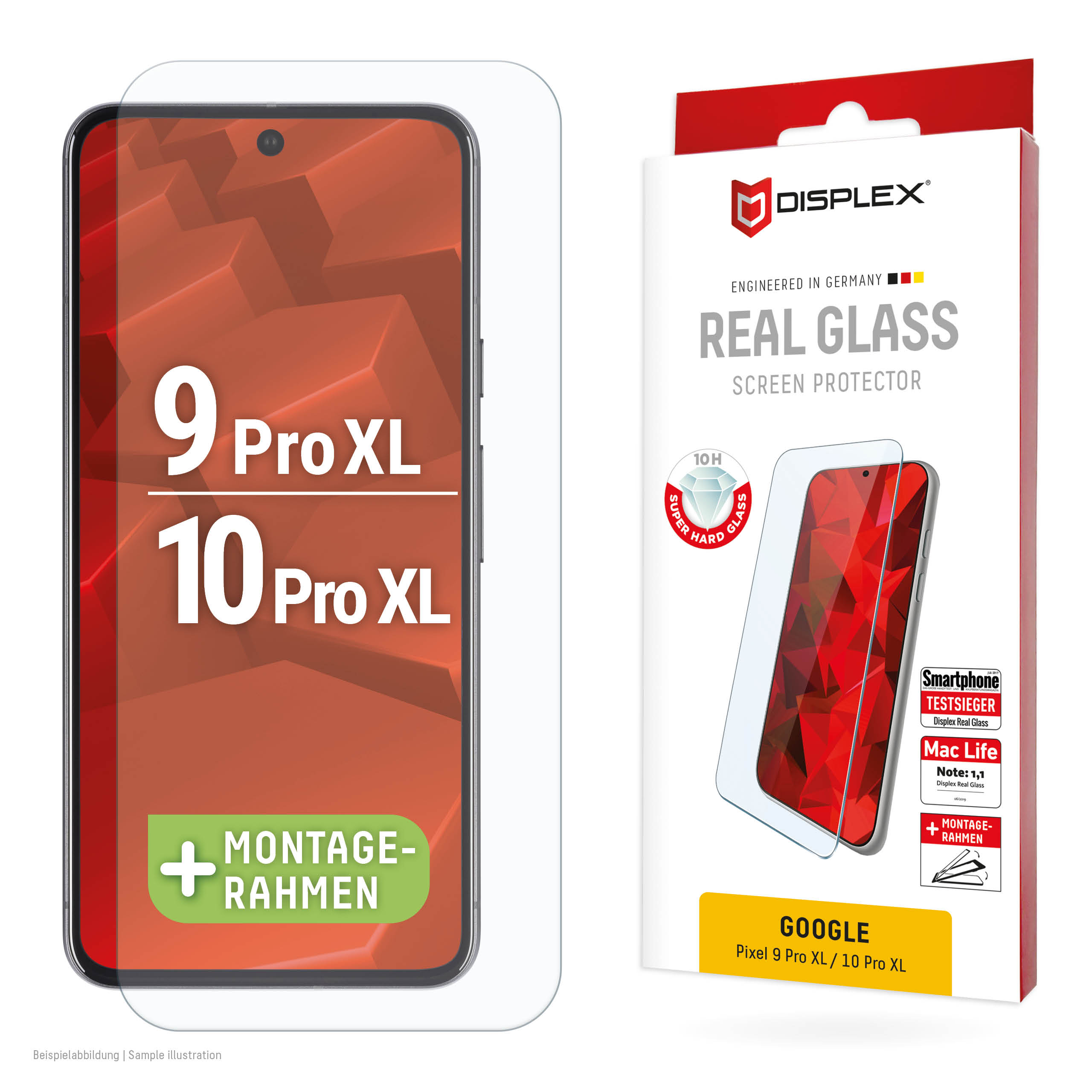 DISPLEX Panzerglas (10H) für Google Pixel 9 Pro XL/10 Pro XL Eco-Montagerahmen, Tempered Glas, kratzer-resistente Schutzfolie, hüllenfreundlich