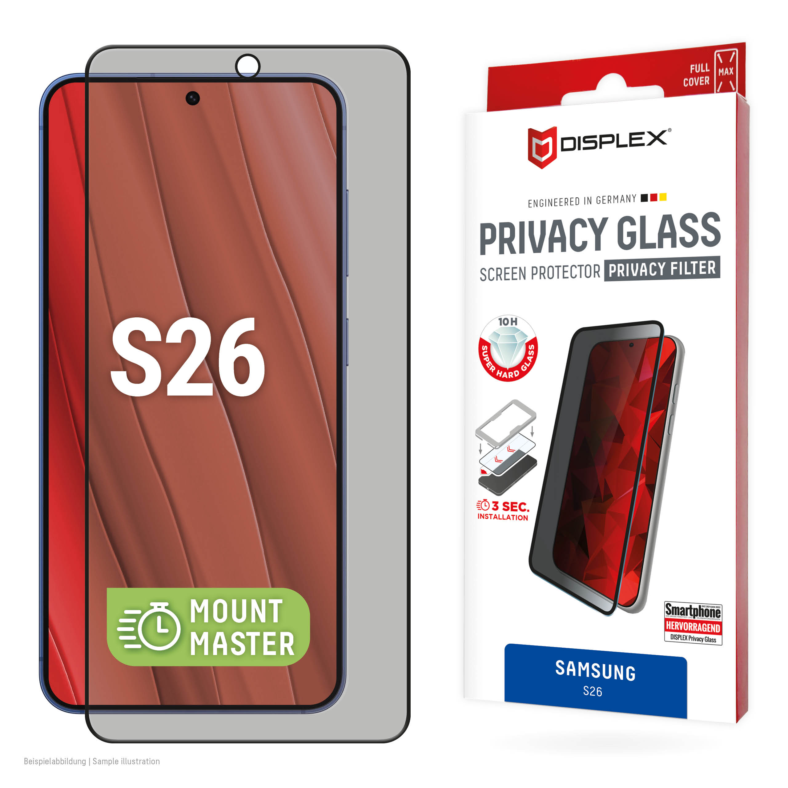 E.V.I. DISPLEX Privacy Glass Samsung Galaxy S26 MM-Montagehilfe