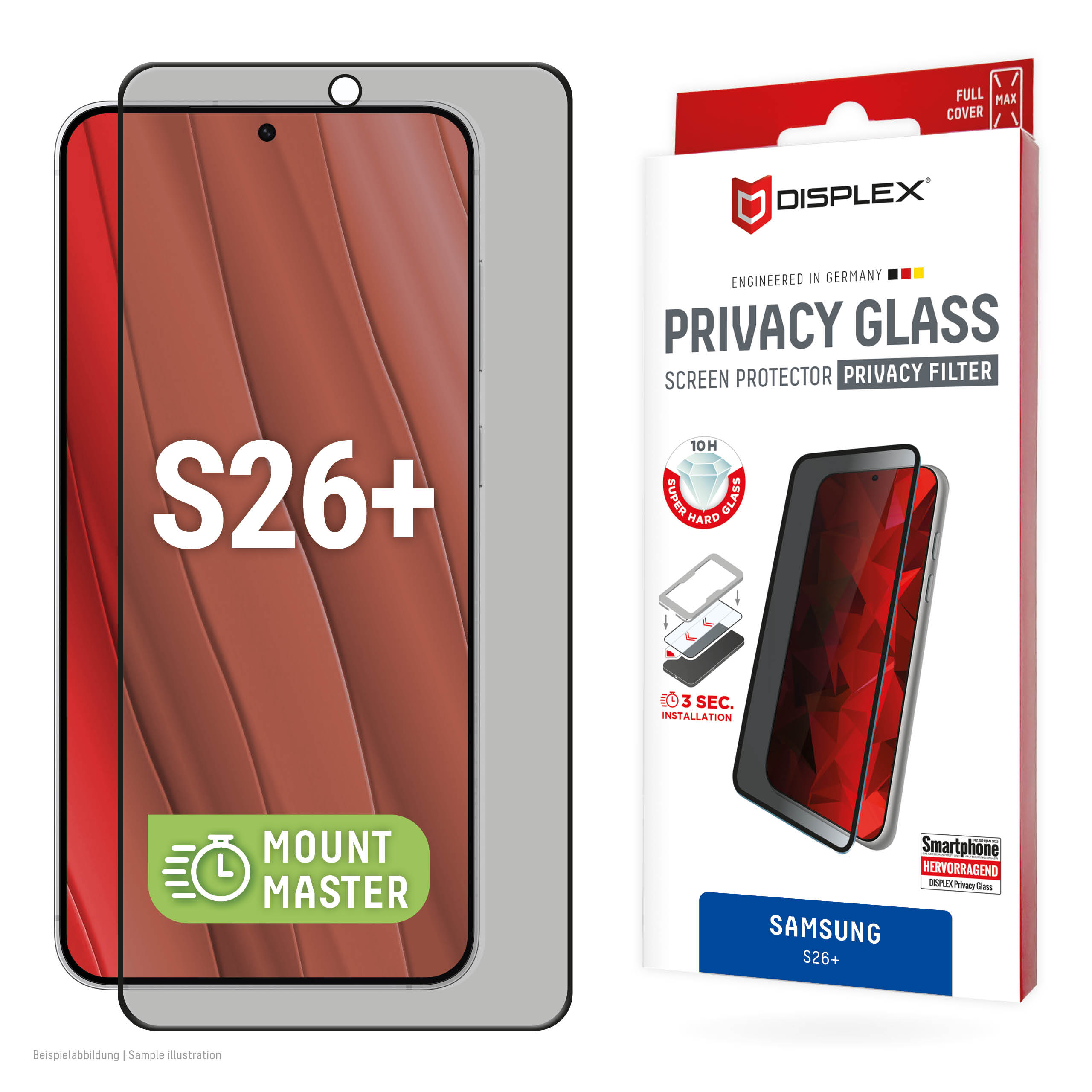 E.V.I. DISPLEX Privacy Glass Samsung Galaxy S26+ MM-Montagehilfe