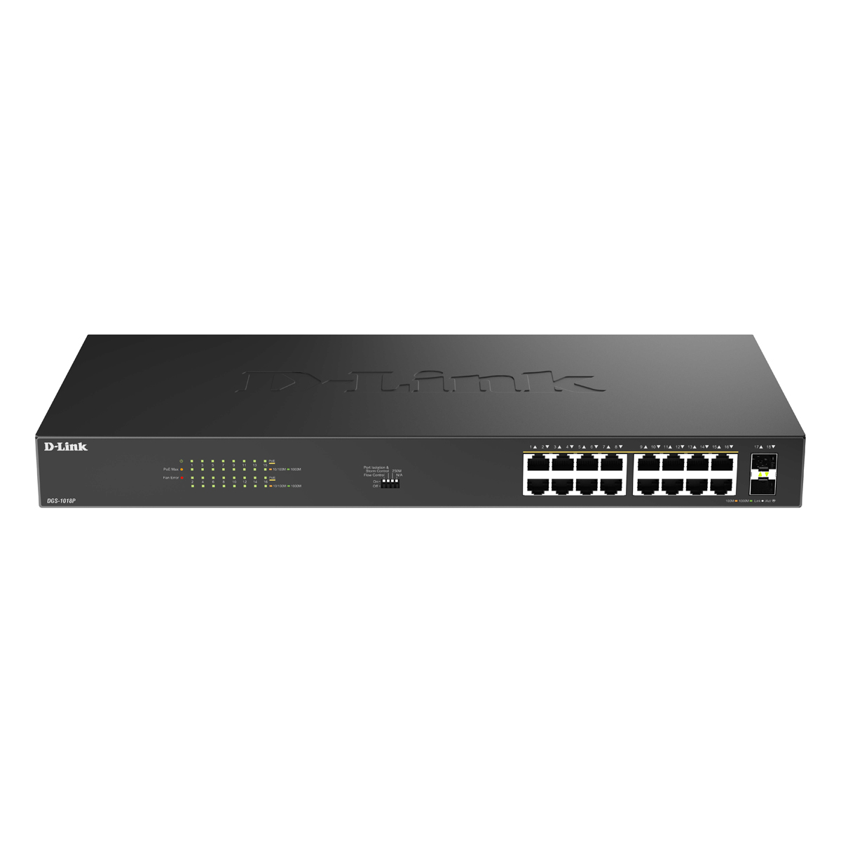 D-Link DGS-1018P Unmanaged Switch 18-Port, 16x 1G RJ45 (PoE+), 2x 1G SFP (Uplink)