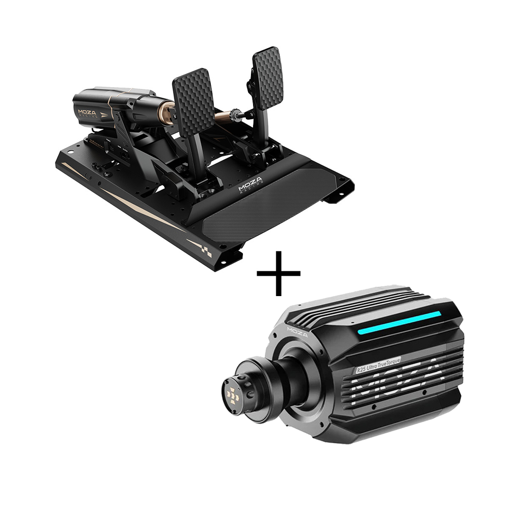 MOZA R25 Ultra Wheelbase + mbooster Aktivpedalset Bundle bestehend aus MOZA R25 Ultra Wheelbase und dem mbooster Aktivpedalset
