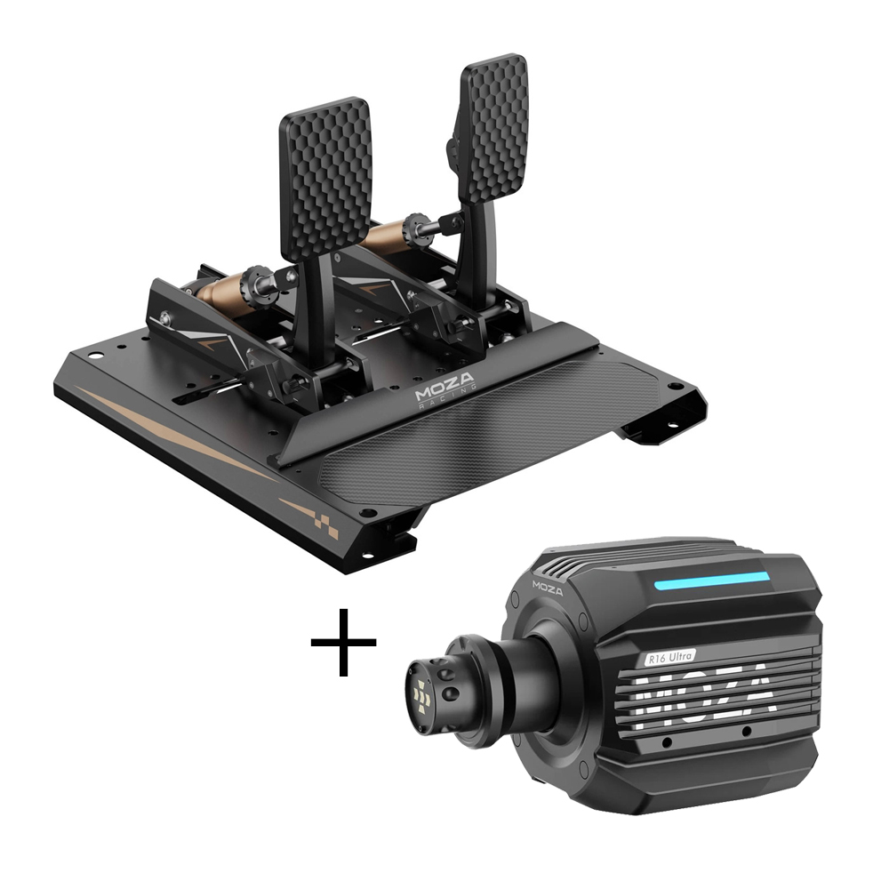 MOZA R16 Ultra + CRP2 Pedalset Bundle bestehend aus MOZA R16 Ultra Wheelbase und dem MOZA CRP2 Pedalset