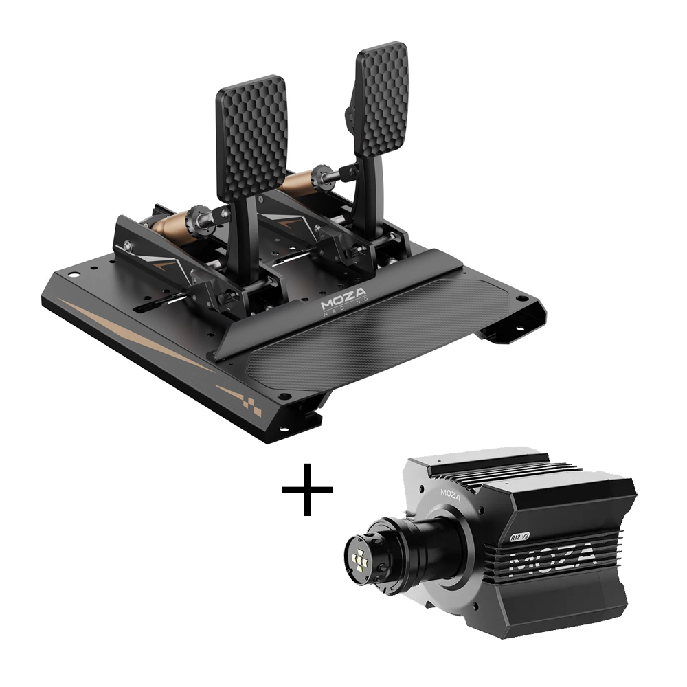 MOZA R12 V2 + CRP2 Pedalset Bundle bestehend aus MOZA R12 V2 Wheelbase und dem MOZA CRP2 Pedalset