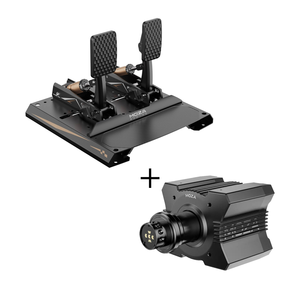 MOZA R9 V3 + CRP2 Pedalset Bundle bestehend aus MOZA R9 V3 Wheelbase und dem MOZA CRP2 Pedalset