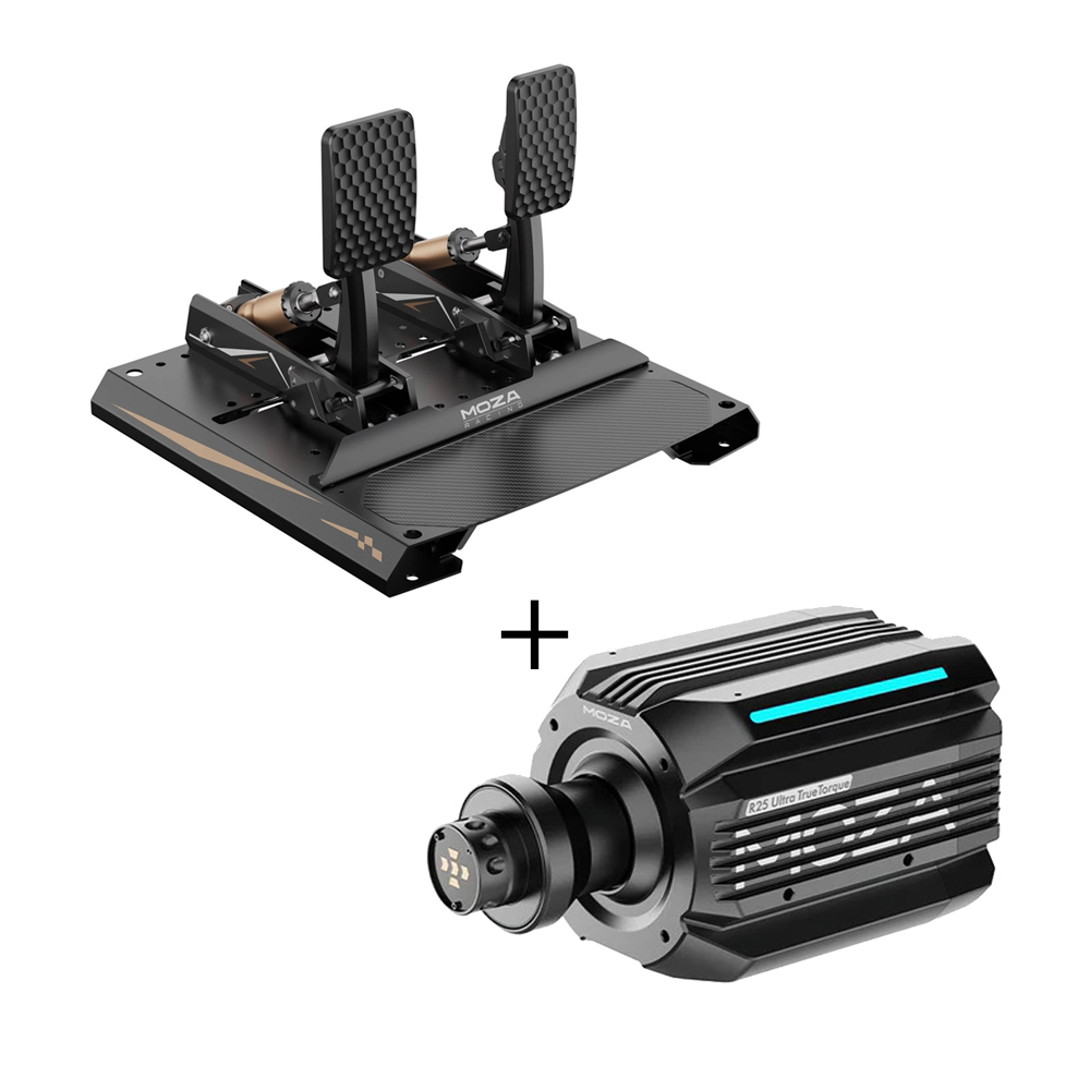 MOZA R25 Ultra + CRP2 Pedalset Bundle bestehend aus R25 Ultra Wheelbase und CRP2 Pedalset