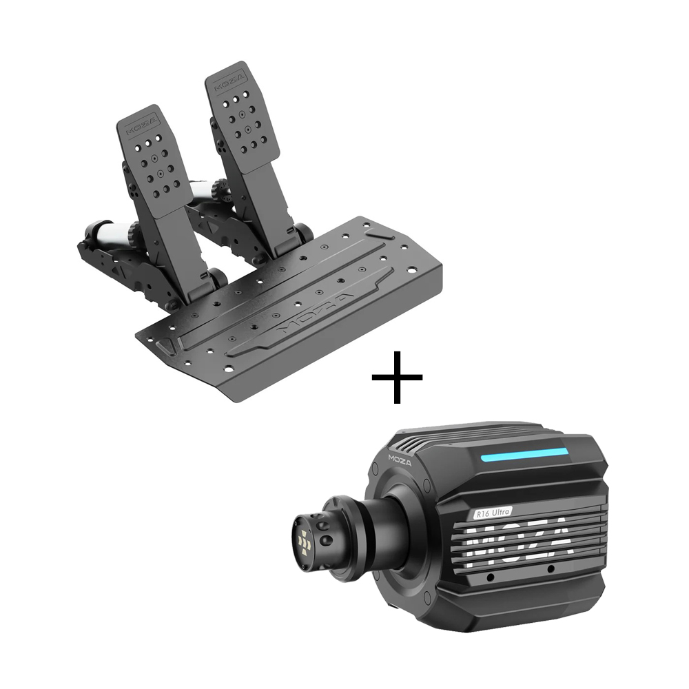 MOZA R16 Ultra + SRP2 Pedalset Bundle bestehend aus MOZA R16 Ultra Wheelbase und dem MOZA SRP2 Pedalset