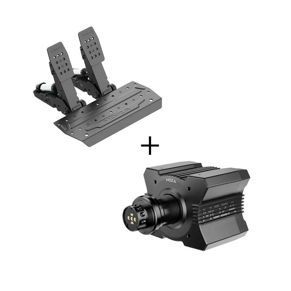 MOZA R9 V3 + SRP2 Pedalset Bundle bestehend aus MOZA R9 V3 Wheelbase und dem MOZA SRP2 Pedalset
