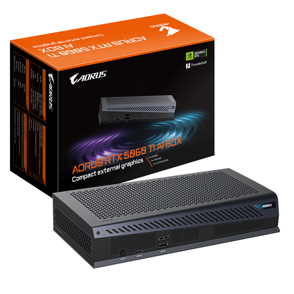 GIGABYTE AORUS RTX 5060 Ti AI BOX - 16GB GDDR7, 1x Thunderbolt 5, 1x HDMI, 3x DP