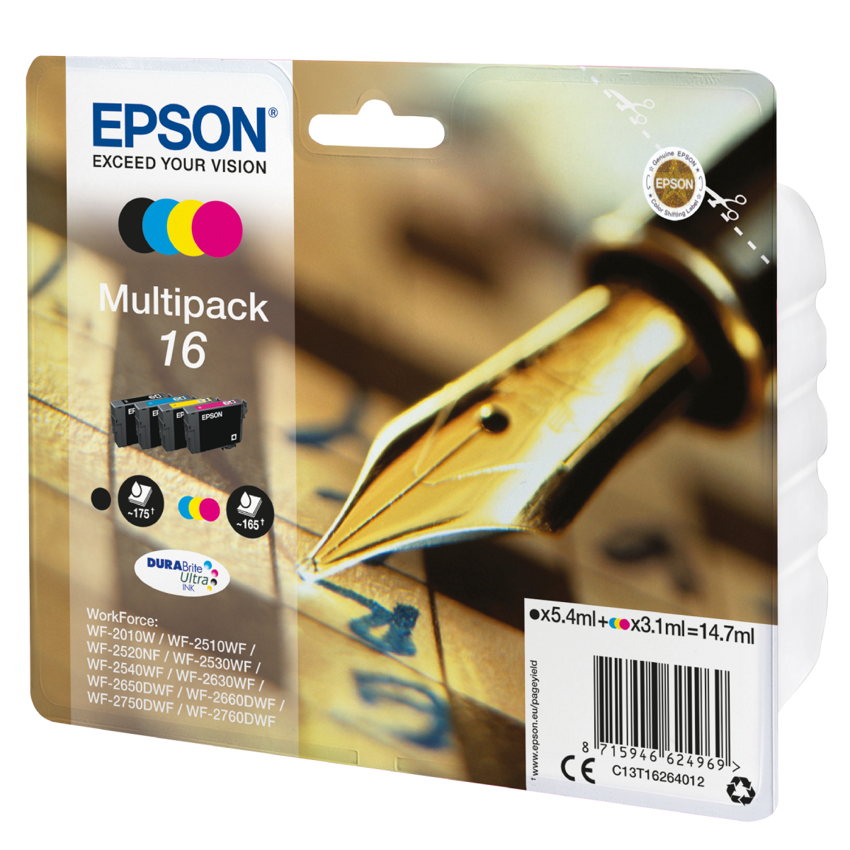 Epson 16 Tintenpatronen 4er-Pack 4x Farben DURABrite Ultra Ink Für Kompatibilität, siehe Artikel-Beschreibung | 4x Tintenpatronen: Schwarz, Magenta, G