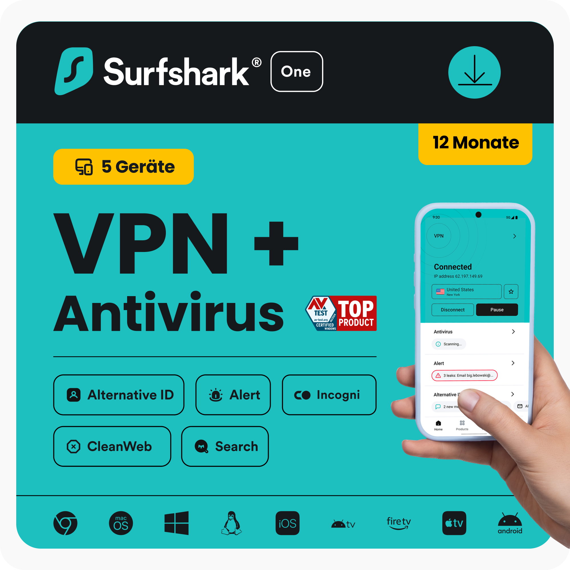 Surfshark ONE VPN + Antivirus | 1 Jahr | 5 Geräte - beliebig viele Geräte für VPN, 5 Geräte für Antivirus