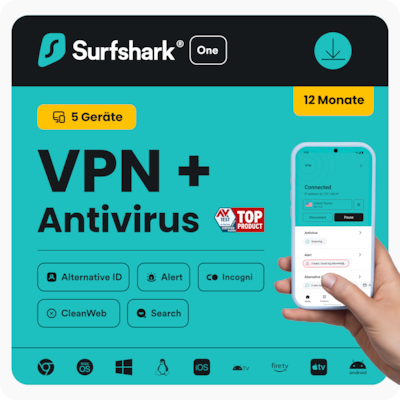 Surfshark ONE VPN + Antivirus | 1 Jahr | 5 Geräte - beliebig viele Geräte für VPN, 5 Geräte für Antivirus