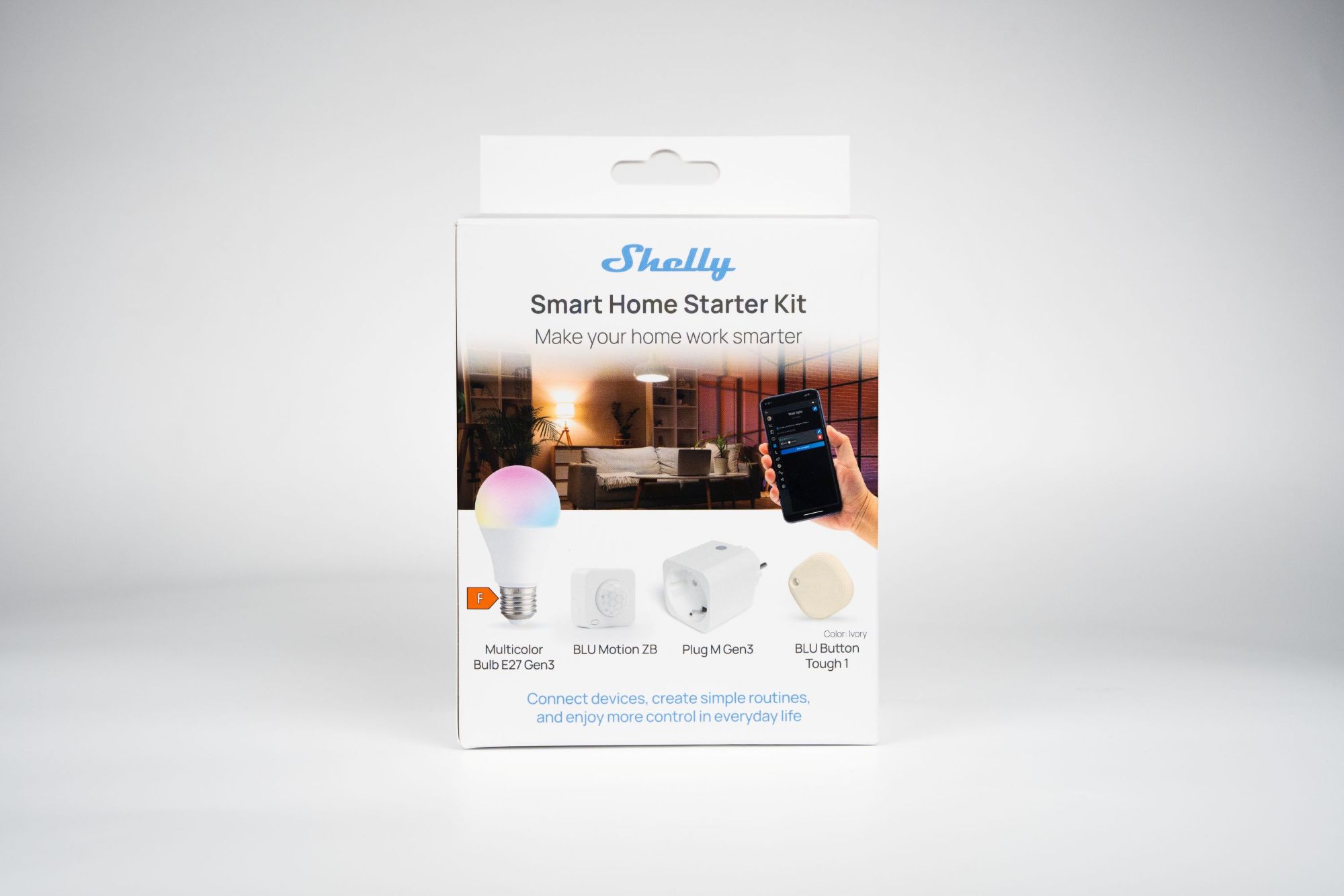 Shelly Smart Home Starter Kit 1x Multicolor Bulb E27 Gen3 · 1x BLU Motion ZB · 1x Plug M Gen3 · 1x BLU Button Tough 1
