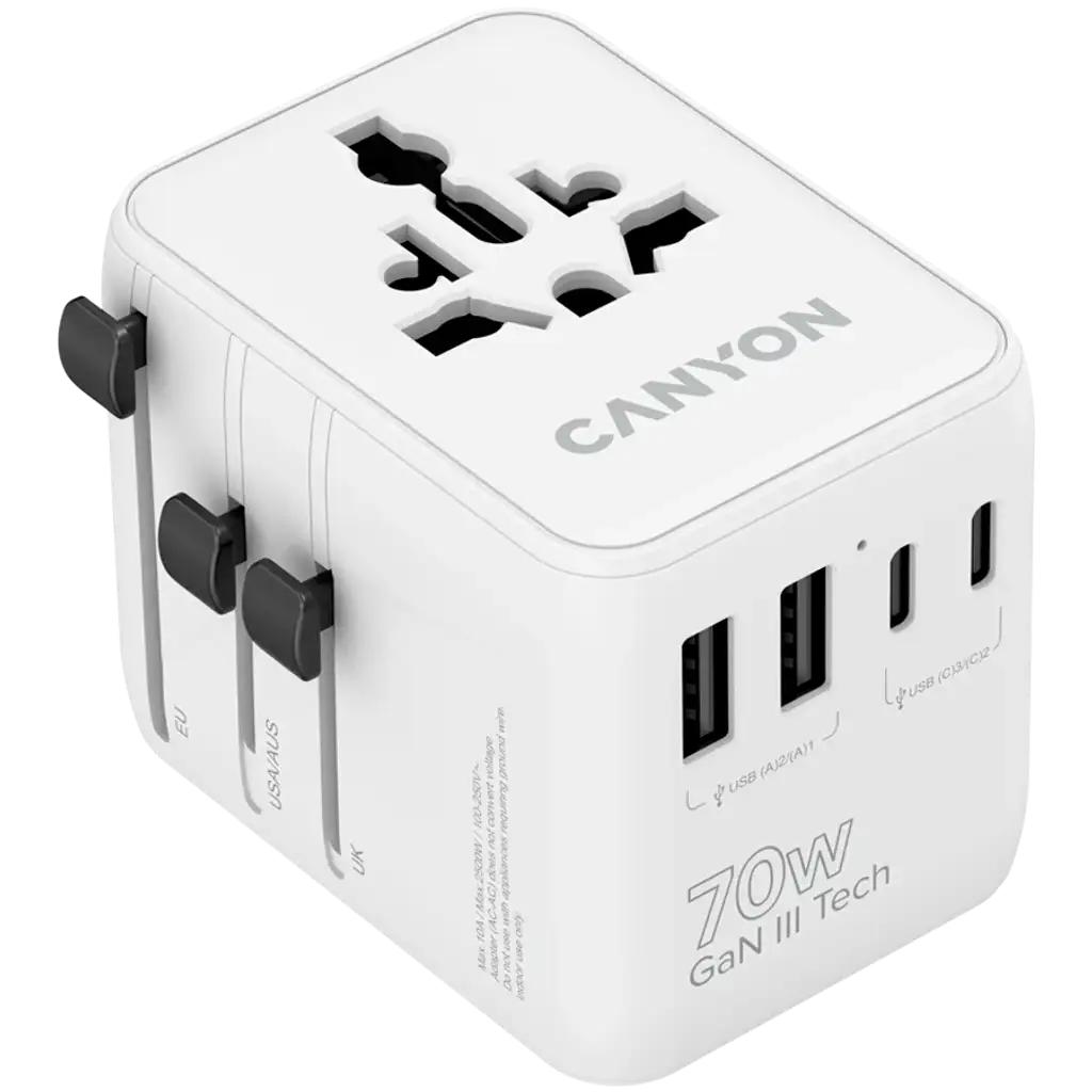 Canyon Universal Travel Adapter OnTour 70 4 regionale Steckdosentypen, 3 USB-C & 2 USB-A Ports, 7-in-1-Laden bis 70W, GaN-III-Technologie