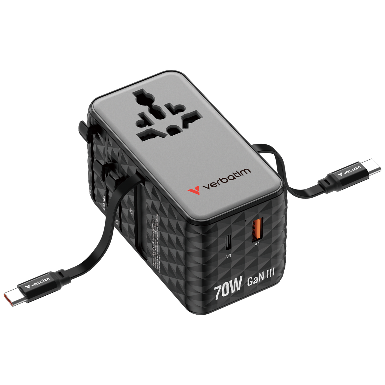 Verbatim Charge 'n' Travel 70W GaN III Universal Travel Adapter with 2 Retractable USB-C Cables, 1 x USB-C, 1 x USB-A po...