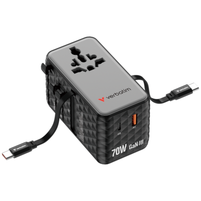 Verbatim Charge 'n' Travel 70W GaN III Universal Travel Adapter with 2 Retractable USB-C Cables, 1 x USB-C, 1 x USB-A po...
