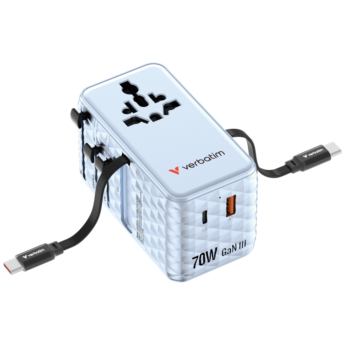 Verbatim Charge 'n' Travel 70W GaN III Universal Travel Adapter with 2 Retractable USB-C Cables, 1 x USB-C, 1 x USB-A po...