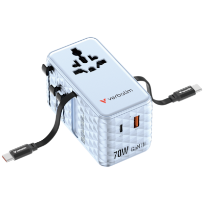 Verbatim Charge 'n' Travel 70W GaN III Universal Travel Adapter with 2 Retractable USB-C Cables, 1 x USB-C, 1 x USB-A po...