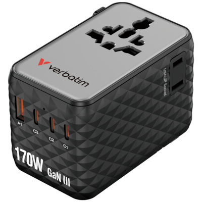 Verbatim Charge 'n' Travel 170W GaN III Universal Travel Adapter with 3 x USB-C, 1 x USB-A Ports