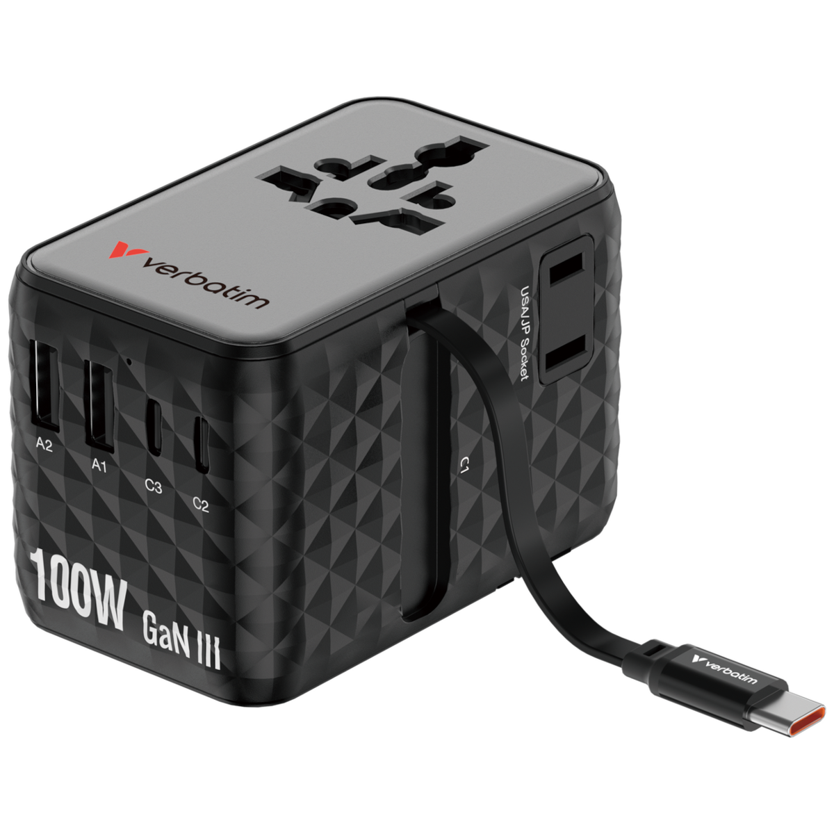 Verbatim Charge 'n' Travel 100W GaN III Universal Travel Adapter with Retractable USB-C Cable, 2 x USB-C, 2 x USB-A ports Schwarz