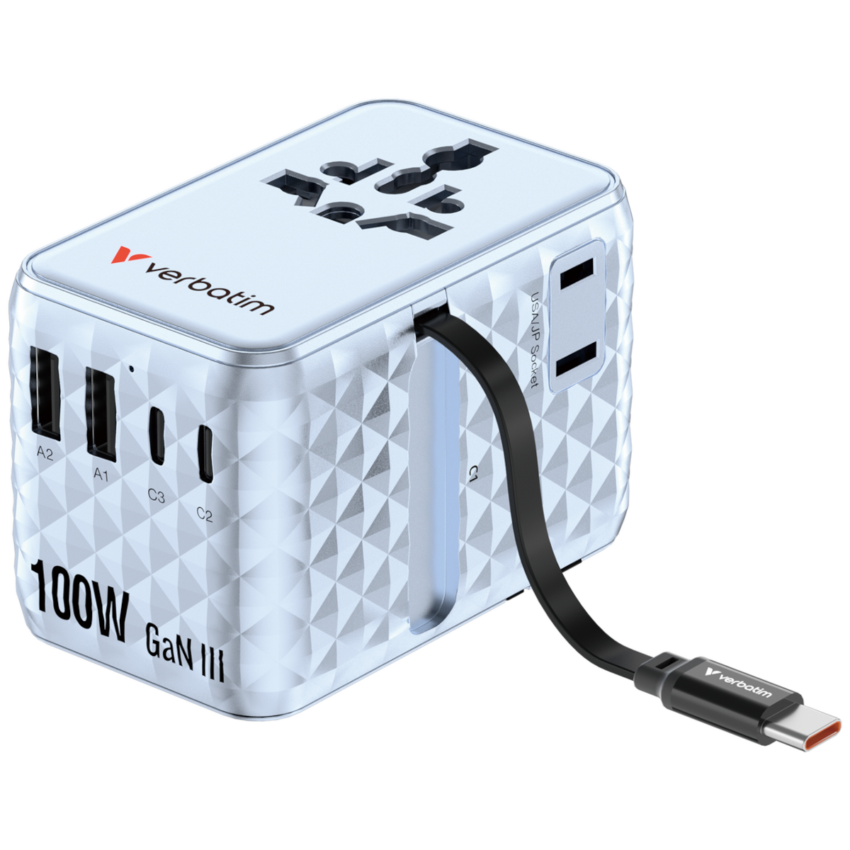 Verbatim Charge 'n' Travel 100W GaN III Universal Travel Adapter with Retractable USB-C Cable, 2 x USB-C, 2 x USB-A port...