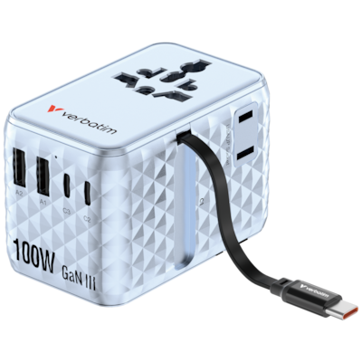 Verbatim Charge 'n' Travel 100W GaN III Universal Travel Adapter with Retractable USB-C Cable, 2 x USB-C, 2 x USB-A port...