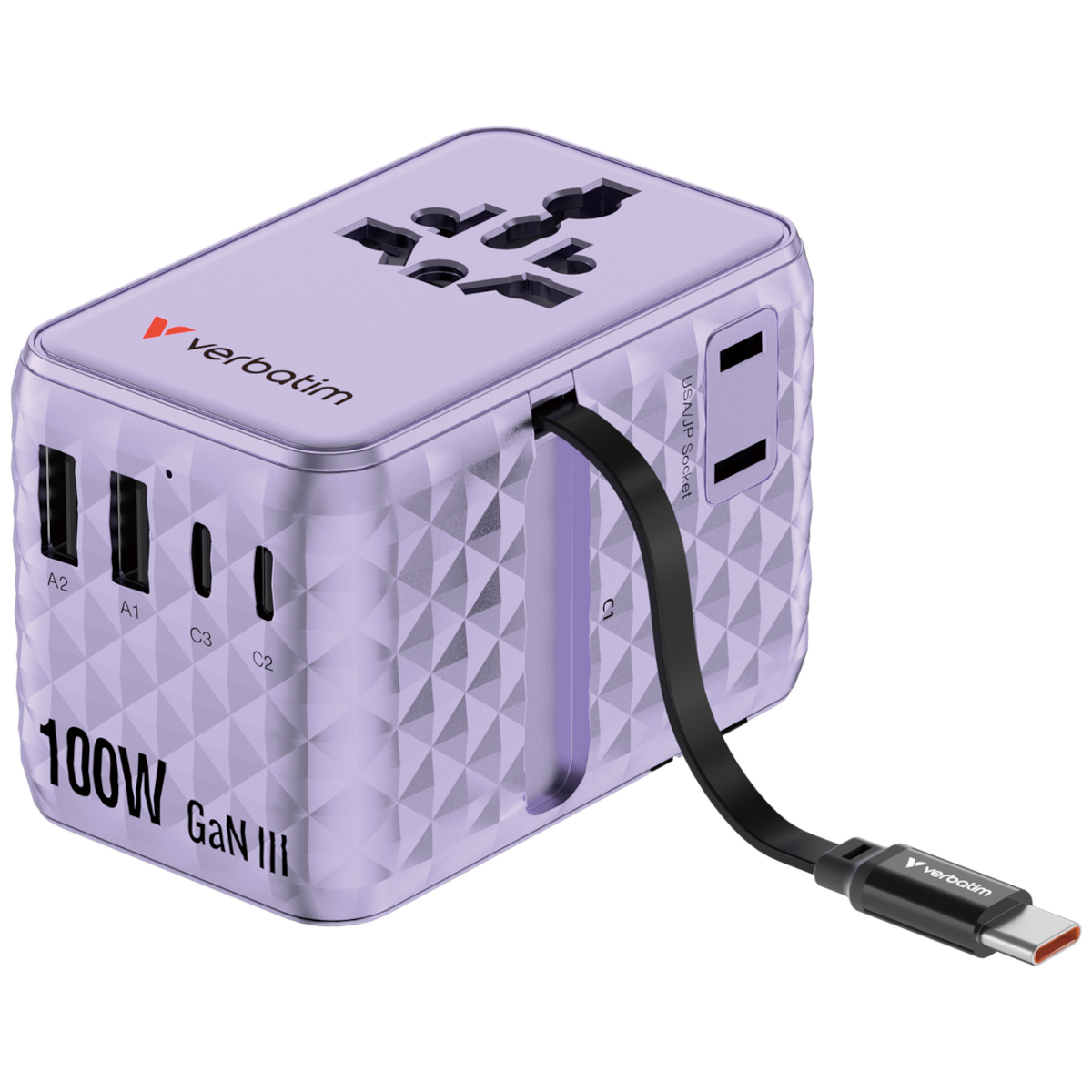 Verbatim Charge 'n' Travel 100W GaN III Universal Travel Adapter with Retractable USB-C Cable, 2 x USB-C, 2 x USB-A port...