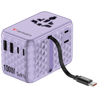 Verbatim Charge 'n' Travel 100W GaN III Universal Travel Adapter with Retractable USB-C Cable, 2 x USB-C, 2 x USB-A port...
