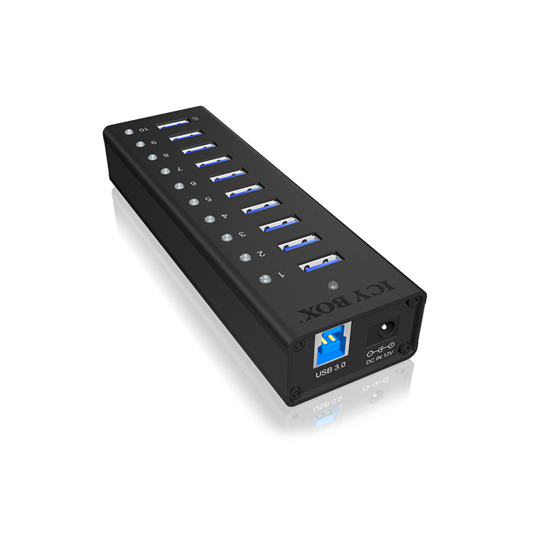 ICY BOX 10 Port Hub mit USB Type-A Anschluss, 1x Ladeanschluss