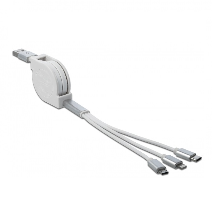 Thumbnail - Delock USB Typ-A 3 in 1 Aufrollladekabel für Lightning™ / Micro USB / USB Type-C™ weiß