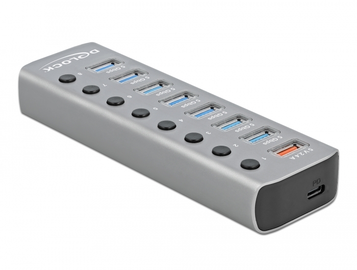 Delock USB 3.2 Gen 1 Hub mit 7 Ports + 1 Schnellladeport + 1 USB-C™ PD 3.0 Port mit Schalter und Beleuchtung