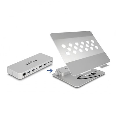 Delock Tablet und Notebook Ständer mit integrierter Dockingstation 4K - HDMI / DisplayPort / LAN / Hub / HDR / PD