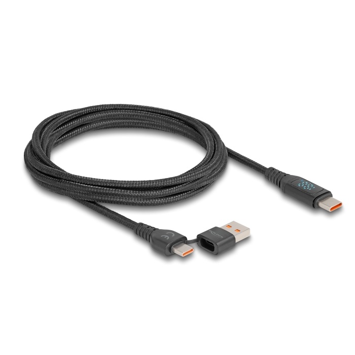 Delock USB 2.0 Schnellladekabel USB Type-C™ + USB Typ-A Stecker zu USB Type-C™ Stecker PD 3.1 140 W mit Leistungsanzeige...