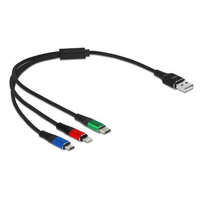 Delock USB Ladekabel 3 in 1 Typ-A zu Lightning™ / Micro USB / USB Type-C™ 30 cm 3-farbig